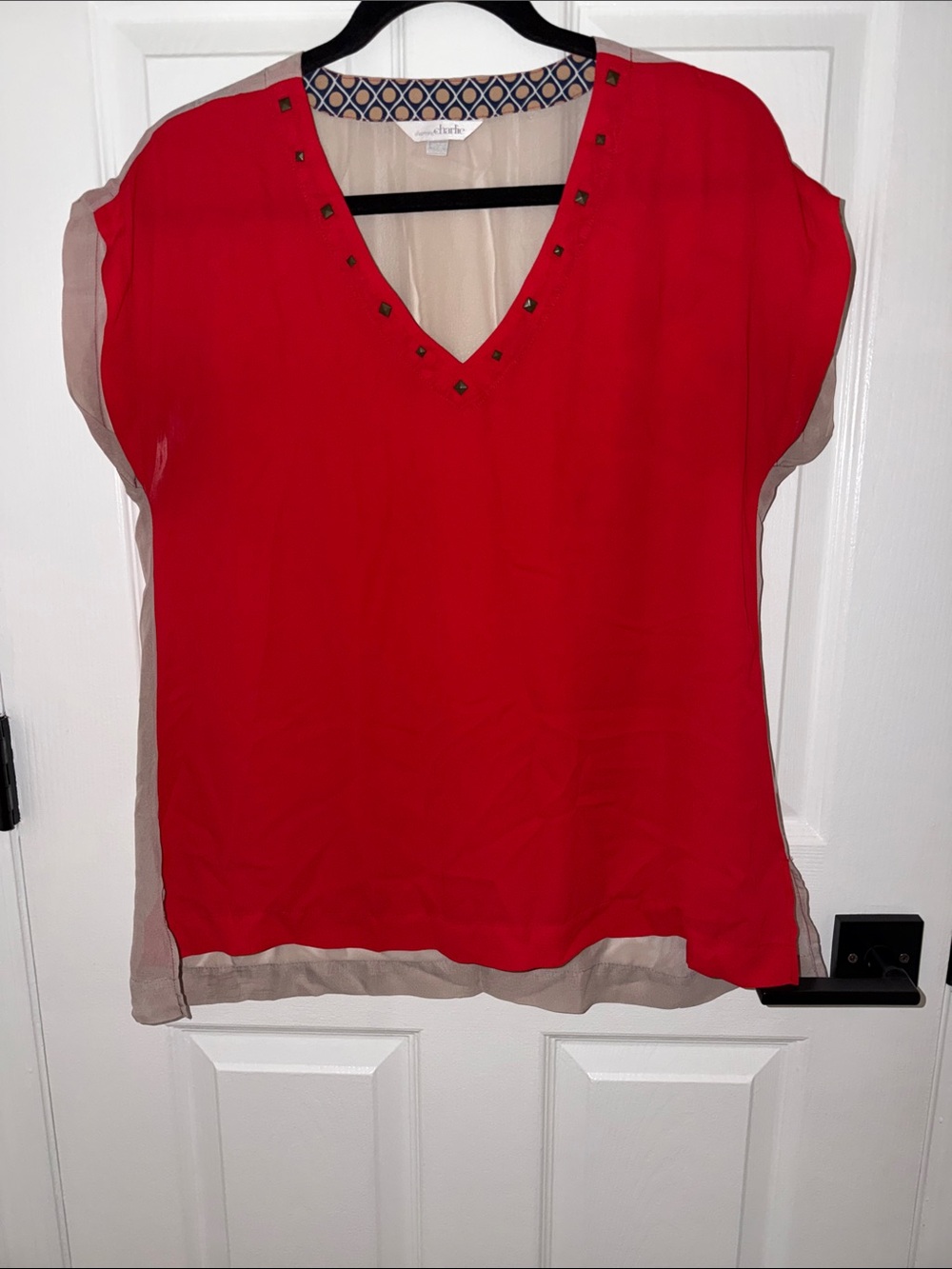 Charming Charlie Red V-Neck Sleeveless Blouse with Beige Trim